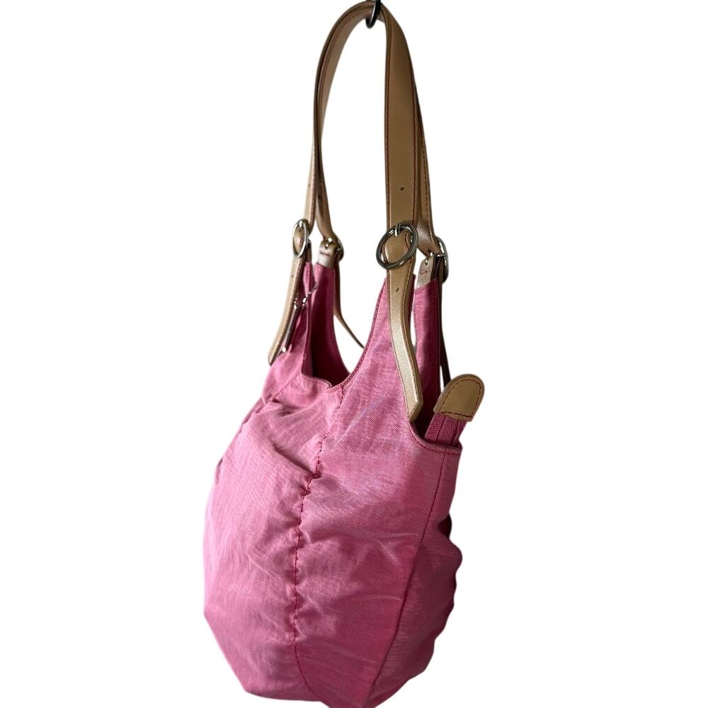 Esprit Pink Nylon Hobo Shoulder Bag Tan Straps Polka Dot Lining Y2K - Picture 6 of 16